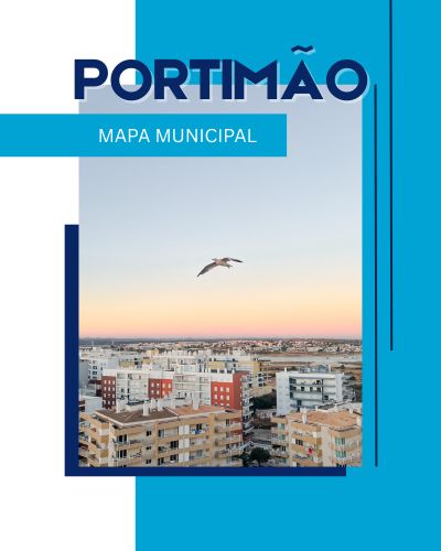 Gráfico del Mapa Municipal de Portimão, con una gaviota sobrevolando la ciudad al atardecer.